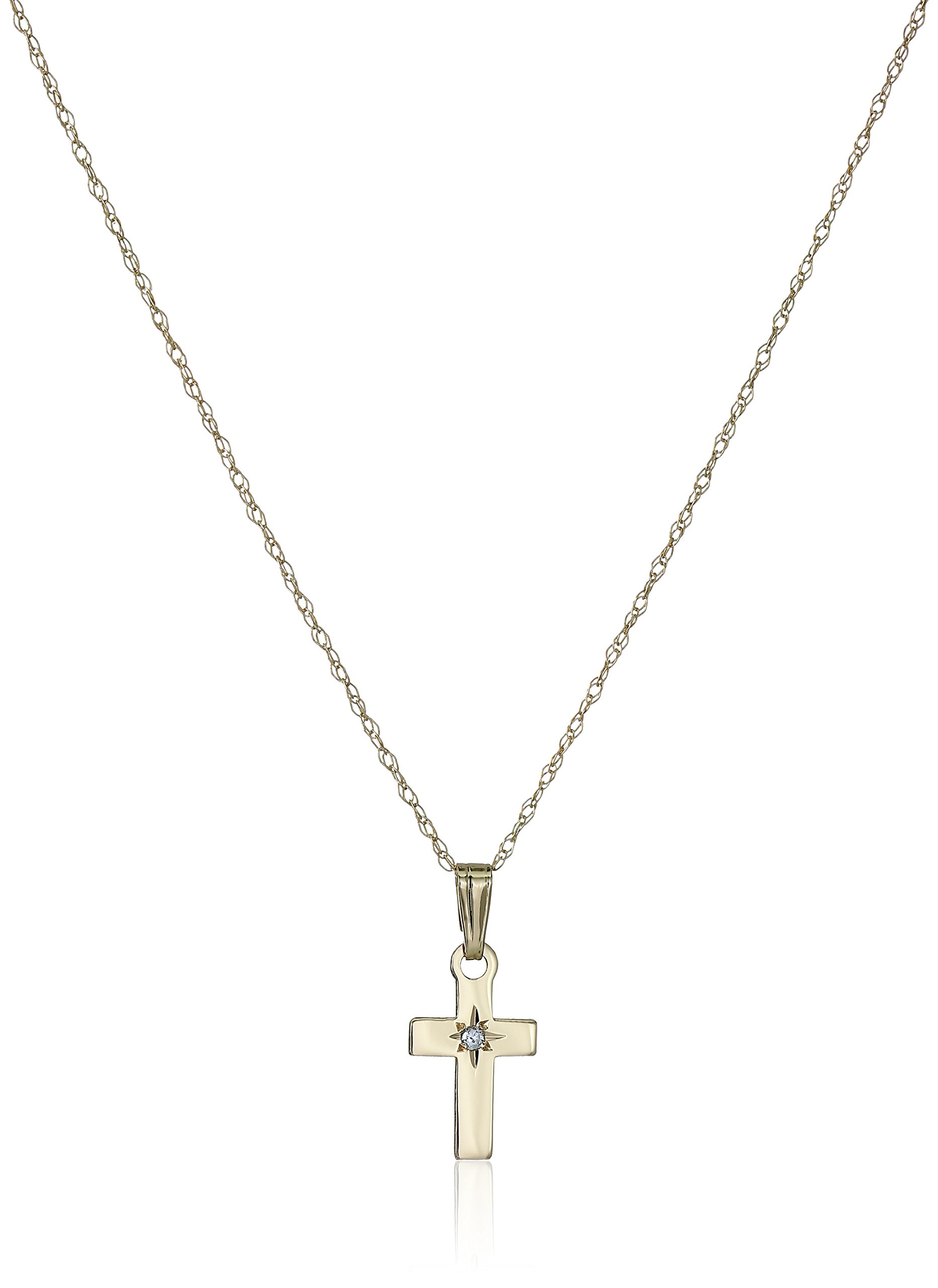 Children's 14k Yellow Gold and Baby's Small Polished Cross Pendant Necklace with Genuine Diamond, 13