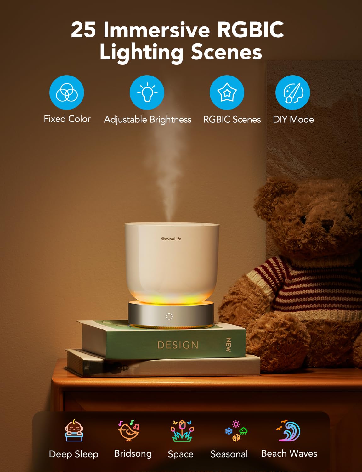 GoveeLife Smart Essential Oil Diffuser with Alexa Voice App Control for Home Office Bedroom, 300ml Quiet Cool Mist Aroma Diffuser with 2 Mist Modes, 24H Timer, RGBIC Light, Waterless Auto Off/Alarm