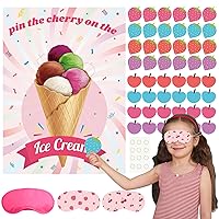PLULON Ice Cream Party Game for Kids Pin the Cherry Strawberry on the Ice Cream Birthday Game Poster Cherry Strawberry Stickers for Boy Girl Birthday Summer Party Wall Decorations Classroom Activities