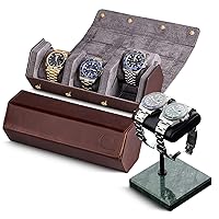 Genuine Leather Watch Case (Brown/Grey) and Watch Stand (Green/Black/Black)