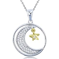 DECADENCE Sterling Silver Two-Tone Round Cubic Zirconia Micropave Moon & Dangling Star in Circle 18