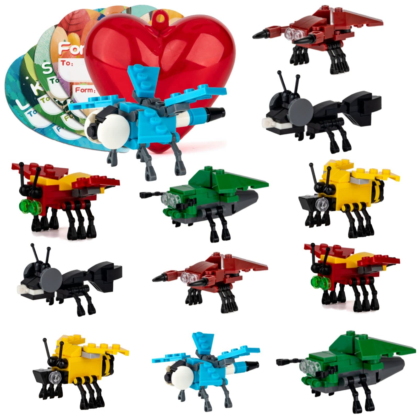 Saparlo 24pcs Insect Mini Building Blocks Set for Kids Ages 3+ w/ Valentine Cards & Hearts, Mini Animal Building Blocks Toys, Valentine's Day Gift for Kids Boys Girls, 6 Designs*4, Party Favors