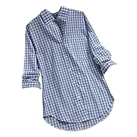Women's Tops 44989 Length Sleeves Casual Loose Plaid Long Sleeve Pocket Lapel Vintage Shirt Tops, M-5XL
