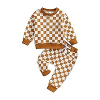 Toddler Baby Boy Girl Fall Winter Clothes Checkerboard Outfits 2 Piece Sweatsuit Crewneck Sweatshirt And Sweatpants Set
