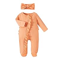 Newborn Infant Girl Footies Romper Solid Color Frills Baby Jumpsuit Zip Up Onesie Clothes Headband 0-12M
