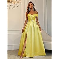 Dresses for Women - Off Shoulder Boxy Pleated Split Thigh Prom Dress (Color : Yellow, Size : X-Large)