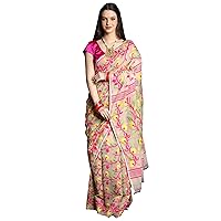Baby Pink Muslin Cotton Saree with Woven Multicolored Floral Vine and Magenta Palla - Muslin Cotton