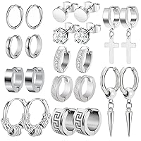 Men Earrings, Funtopia 11 Pairs Stainless Steel Small Hoop Earrings Cross Dangle Earrings Set, Fashion Huggie Earrings Piercing Jewelry for Party Birthday