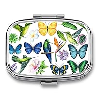 Pill Box Butterfly and Hummingbirds Square-Shaped Medicine Tablet Case Portable Pillbox Vitamin Container Organizer Pills Holder with 3 Compartments