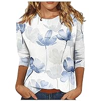 3/4 Sleeve Shirts for Women Crew Neck Floral Blouse 3/4 Length Sleeve Womens Casual T-Shirt Painting Graphic Tees
