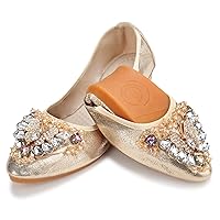 KUNWFNIX Women's Ballet Flats Crystal Wedding Ballerina Shoes Foldable Sparkly Comfort Slip on Flat Shoes
