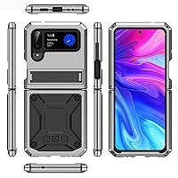 Case for Samsung Galaxy Z Flip 4, Metal Phone Case with Kickstand, Supports Wireless Charging Heavy Duty Full Body Protective Military Grade Shockproof Protection,Silver