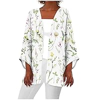 Women's 3/4 Sleeve Floral Kimono Cardigan Chiffon Loose Beach Wear Cover Up Tops 2024 Summer Lightweight Cardigan