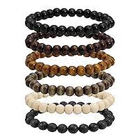 MILAKOO 6Pcs Natural Wood Bracelets for Men Women Lava Rock Stone Beads Yoga Stretch Bracelet