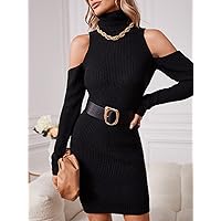 TLULY Sweater Dress for Women Turtleneck Cold Shoulder Sweater Dress Without Belt Sweater Dress for Women (Color : Black, Size : Small)