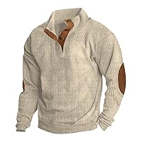 Mens Corduroy Shirt with Elbow Patches Stand Collar Button Pullover Mock Neck Long Sleeve Sweaters Polo Sweatshirts