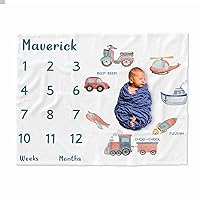 Personalized Airplane Truck Train Car Baby Monthly Blanket, Custom Name Baby Boy Months Growth Chart Blanket, Newborn Photography Backdrop Blanket Nursery Decor