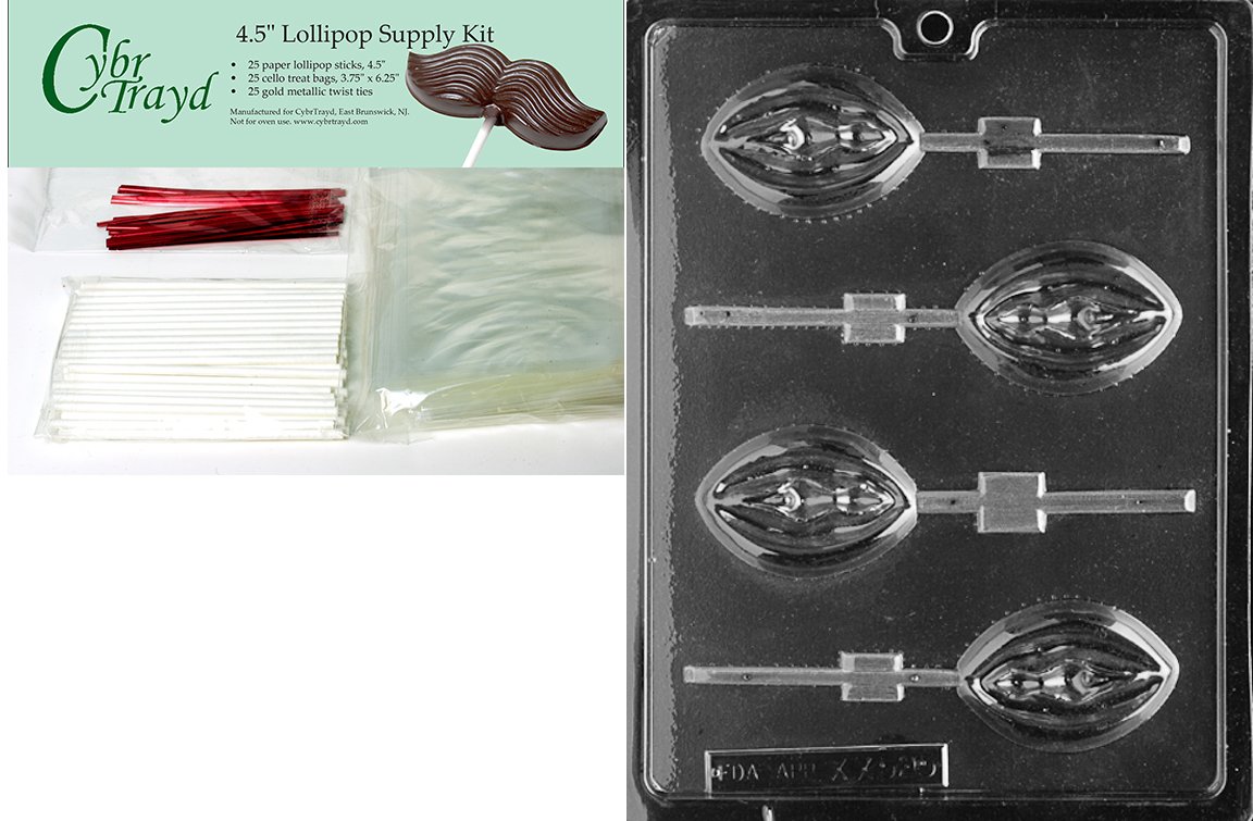 Cybrtrayd 45StK25R-XX525 Lady Lolly Adult Chocolate Candy Mold with Lollipop Supply Bundle, Includes 25 Lollipop Sticks, 25 Cello Bags and 25 Red Twist Ties, Black