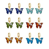 6 Pairs Butterfly Earrings for Women Girls Eye Small Huggie Hoops Cute Alloy Enamel Butterfly Dangling Drop Earrings Set