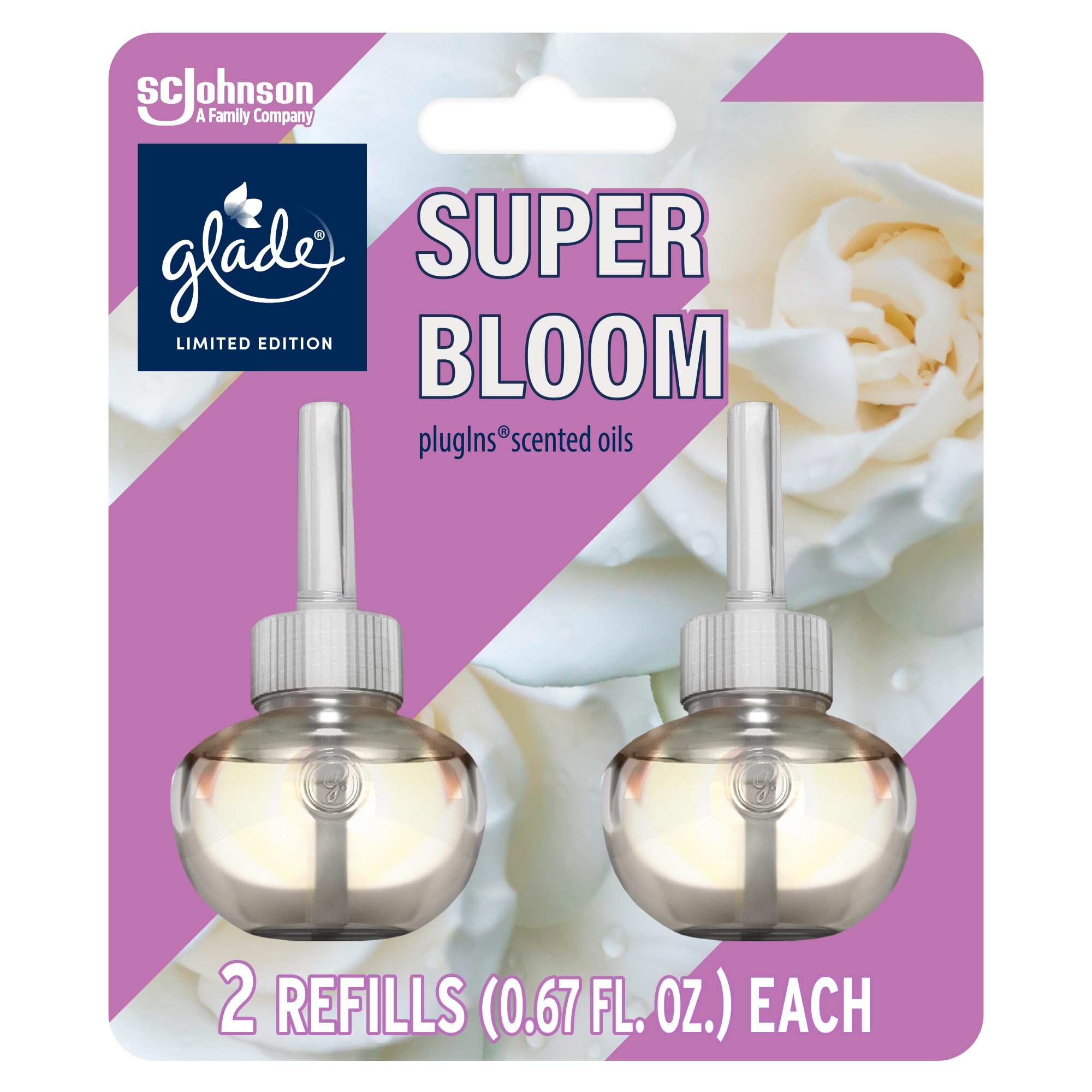 Glade PlugIns Refills Air Freshener, Scented and Essential Oils for Home and Bathroom, Super Bloom, 1.34 Fl Oz, 2 Count