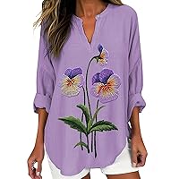 Women's Fashion V Neck Long Sleeved Purple Floral Printed Top Tunics for Women