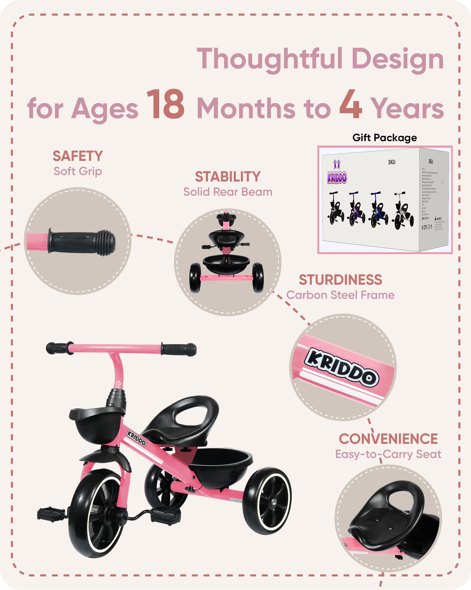 KRIDDO Kids Tricycles Age 24 Month to 4 Years,Gift Toddler Trike for 2.5 to 5/ 2-4 Year Olds, Pink