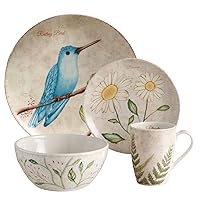Corona Dinnerware Set 16– piece, Plates Bowls and Mugs Set, Ceramic Sets for 4, Microwave and Dishwasher Safe, Lovely Garden Birds and Flowers Design