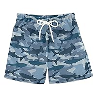 Wudan Military Shark Blue Boys Swim Trunks Toddler Swim Board Shorts Teens Kids Beach Vacation 3-16 Years