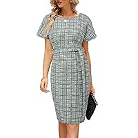 JASAMBAC Women's Tweed Pencil Dress Elegant Business Bodycon Short/Long Sleeve Wear to Work Office Dress