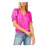Vince Camuto Womens Pink Smocked Pleated Silk Short Sleeve V Neck Top L