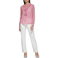 Tommy Hilfiger Women's Classic Long Sleeve Ruffle Front Blouse, Scarlet/Ivory