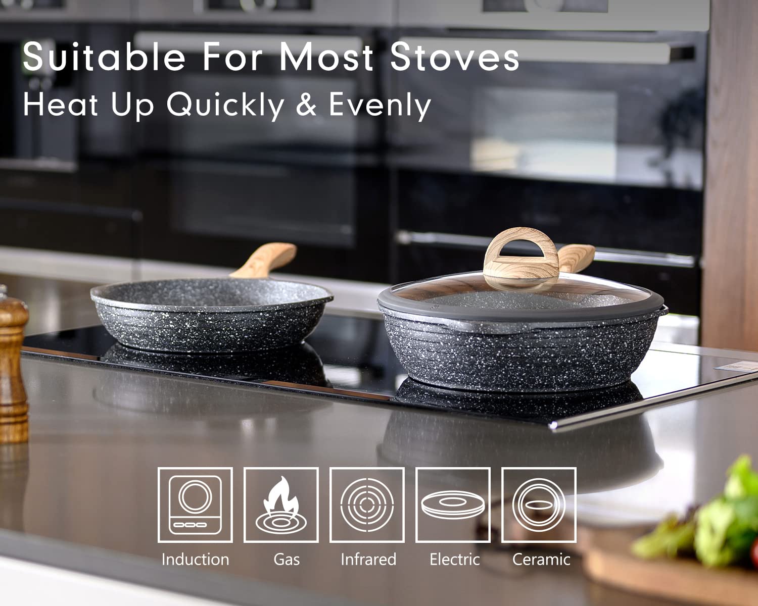JEETEE Pots Nonstick, 1.5 Quart & 2.5 Quart Induction Granite Coating Saucepan Sets with Glass Lid & Pour Spout, PFOA Free (Grey, 4pcs Pots Set)