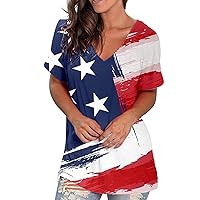 4th of July Women's American Flag Short Sleeve T Shirts Independence Day Patriotic Shirt Plus Size V Neck Tunic Tops