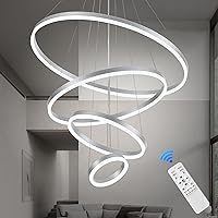4 Rings Silver Modern LED Chandelier D31.5’’ Contemporary Dimmable 3000K-6500K Flush Mount High Ceiling Chandeliers with Remote Control for Dining Room Bedroom Foyer High Ceiling