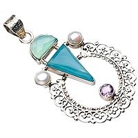 StarGems® Natural Chalcedony,Amethyst And River Pearl Handmade 925 Sterling Silver Pendant 2.25