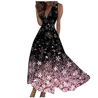 Floral Maxi Dress for Women 2024 Elegant Cocktail Party Sexy Sleeveless V-Neck Rose Flowy Long Dresses Boho Dress