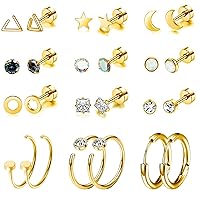 12 Pairs Gold/Silver/Black Stainless Steel Small 20G Stud Earrings Set for Women Men,Star Moon Zircon Cartilage Earrings Hypoallergenic Flatback Hoop Earrings Piercing Jewelry