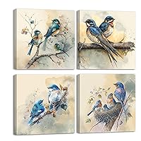 Blue Bird Stretched Canvas Wall Art for Bathoom Bedroom Home Decoration, Beautiful Lively Animal Family Picture Print Artwork Painting Decor, Gallery Wrapped Gift, Inner Frame 12x12 Inches x4p