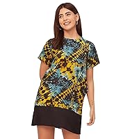 Round Neck Short Sleeve Printed Rayon Dress - Women's Casual Dress