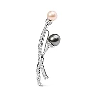 18K White Gold 3/5 Cttw Diamond and Cultured South Sea Black and White Pearl Brooch Pin (H-I Color, VS1-VS2 Clarity)