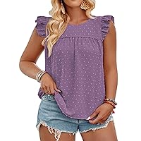 VISLILY Womens-Plus-Size-Summer-Tank-Tops Ruffle Cap Sleeveless T Shirts Crewneck Swiss Dot Blouses Pleated Casual Tee