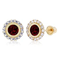 Solid 14K Gold 8mm Halo Natural Birthstone Screwback Stud Earrings For Women | 4mm Bezel Birthstone | 1mm Created White Sapphire Halo Screwback Earrings For Women and Girls