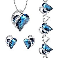Leafael Infinity Love Heart Necklace, Stud Earrings, and Bracelet for Women, September Birthstone Crystal Jewelry, Silver Tone Gifts for Women, Bermuda Sapphire Blue