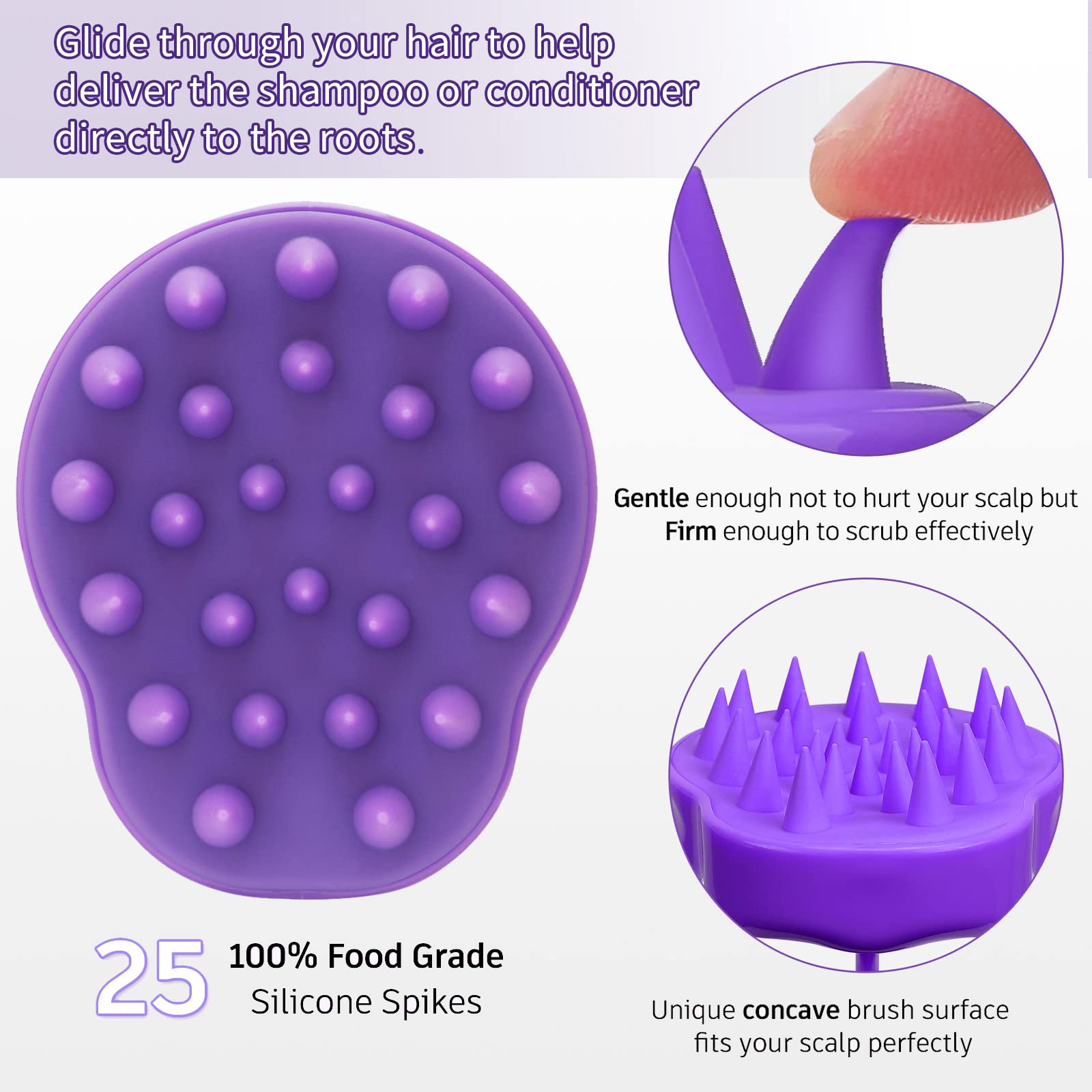 FREATECH Hair Scalp Massager Shampoo Brush with Soft Silicone Bristles for Scalp Care and Hair Growth, Shower Head Scalp Scrubber Exfoliator for Dandruff, Wet & Dry for Men, Women and Kids, Purple