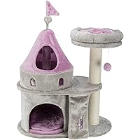 TRIXIE My Kitty Darling Castle Condo with Scratching Posts, Platform with Removable Bed, Play Blanket with Crinkling Foil, Dangling Pom-Pom, Gray/Pink Large