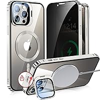 [Camera Invisible Stand & Slide Pop-up Lock] Magnetic Privacy Case for iPhone 15 Pro [Compatible with MagSafe] [Full Lens Protection+Invisible Kickstand] Full Body Metal Bumper Cover-Gray
