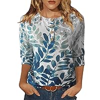 Womens Tops Casual 3/4 Sleeve Shirts Crew Neck Loose Casual Blouses Floral Print Tshirts