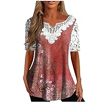 Women's Fashion Casual Lace Sleeve Shirts V-Neck Lace Trim Printed Short Sleeve Tops Pleats Flowy Blouse Tees