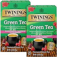 Twinings Green Tea with Pomegranate, Raspberry, and Strawberry - Caffeinated Green Tea Bags Individually Wrapped, 20 Count (Pack of 2) 