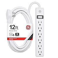 GE 6-Outlet Power Strip, 12 Ft Extension Cord, Flat Plug, Grounded, Integrated Circuit Breaker, 3-Prong, Wall Mount, UL Listed, White, 45195